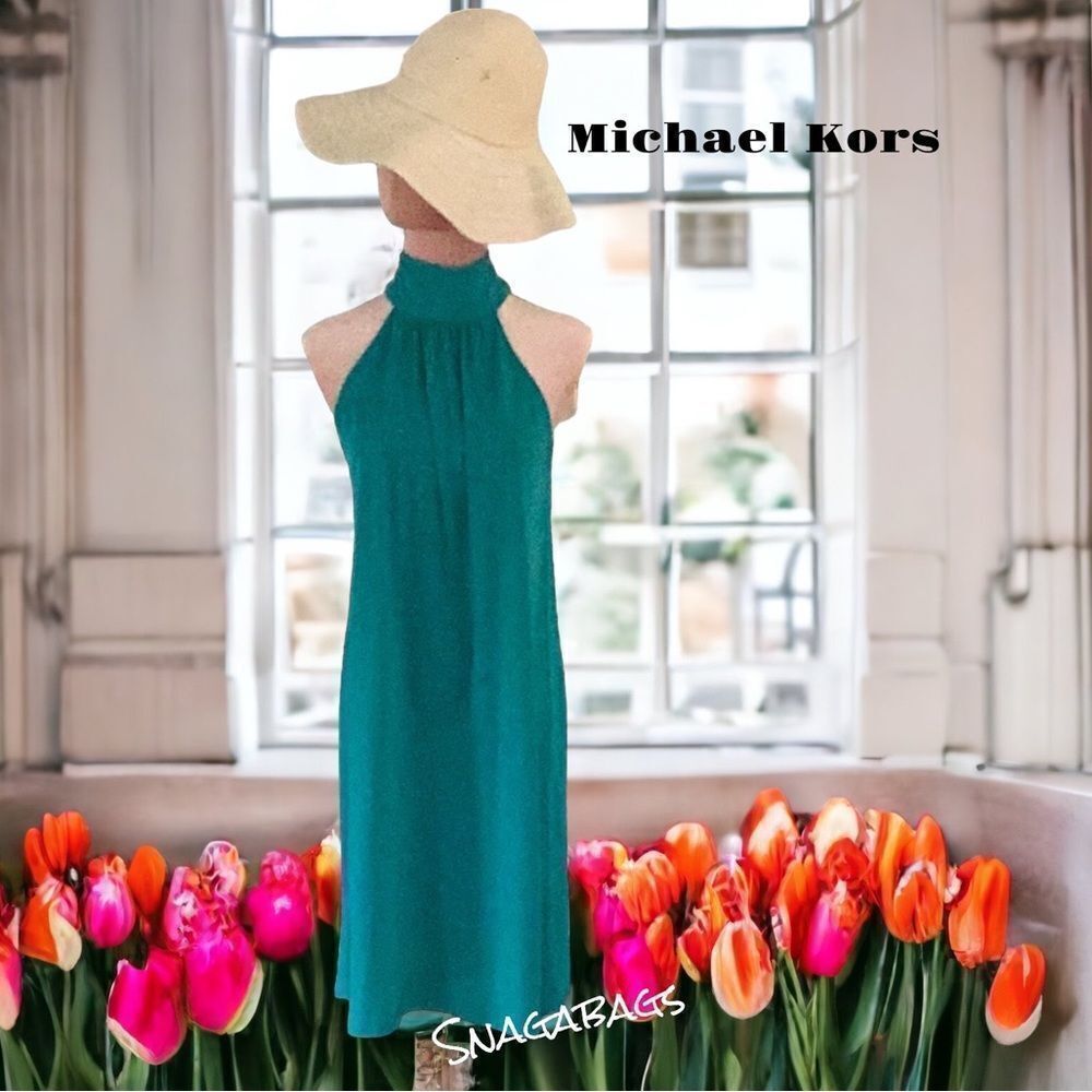 MICHAEL KORS SLEEVELESS HALTER MINI DRESS GREEN MEDIUM - Picture 2 of 10